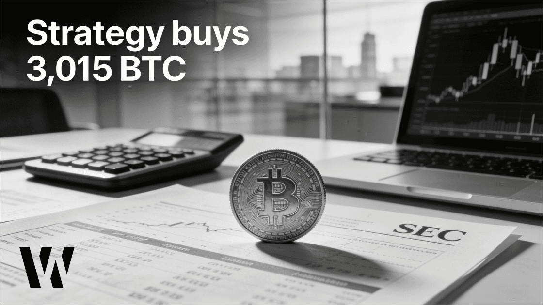 Strategy buys 3,015 BTC headline over a physical Bitcoin, SEC filings, and laptop chart on an institutional trading desk