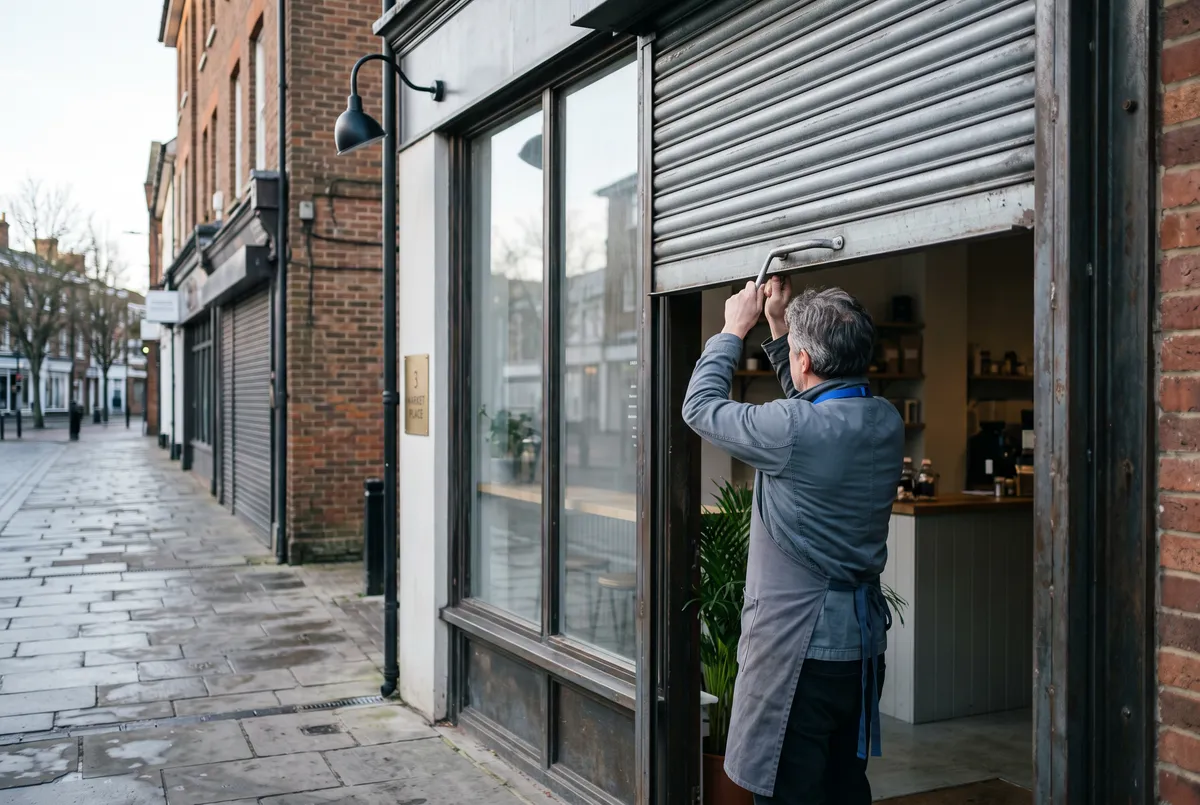 A small independent shop at opening time, its shutter half raised by the owner