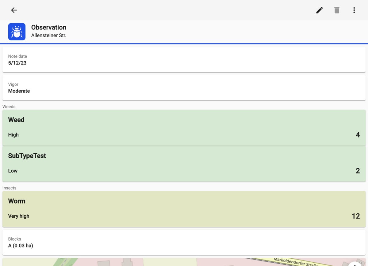 Screenshot of the previous observation detail page of the KWS Field Explorer mobile app on tablet