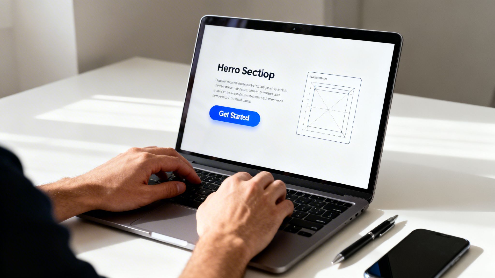 Person's hands typing on a laptop displaying a web design template with a 'Get Started' button.
