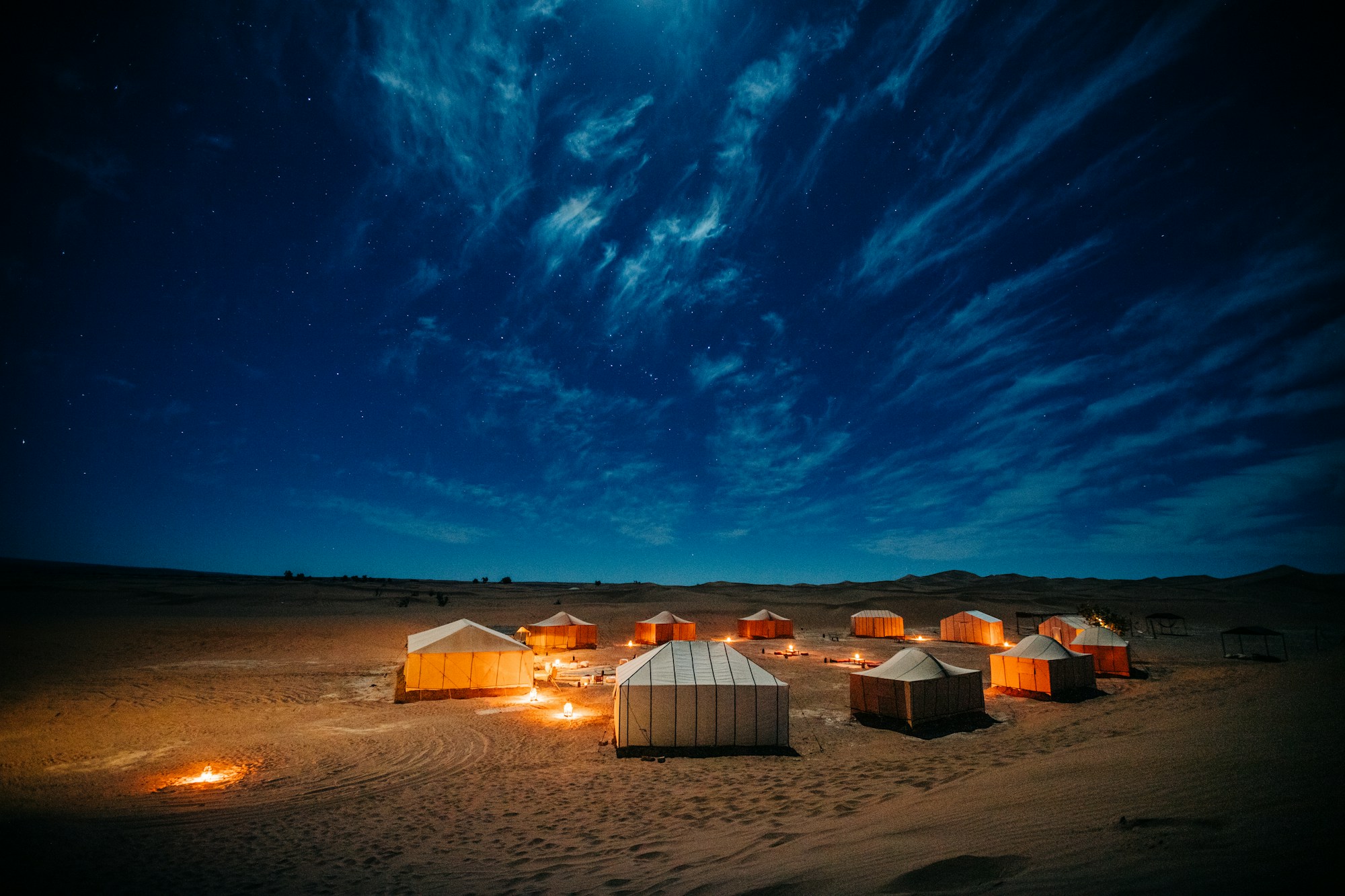 Desert camp at dusk, Merzouga