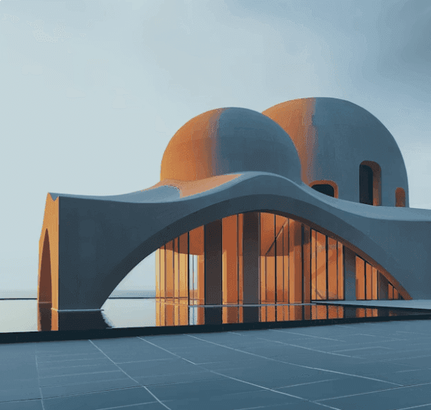 Modern curved building with warm wood cladding against an open sky