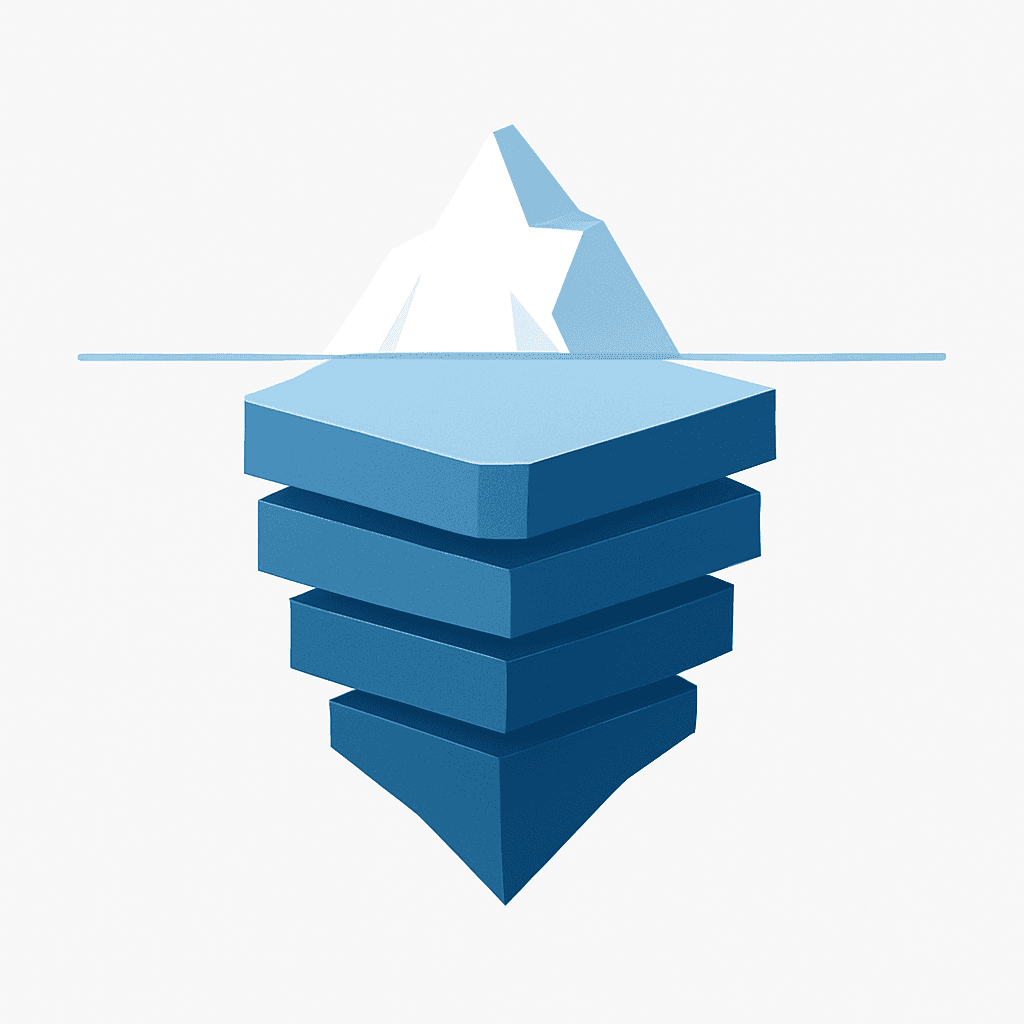 Layered iceberg diagram illustrating small visible platform price and large hidden fees underwater.