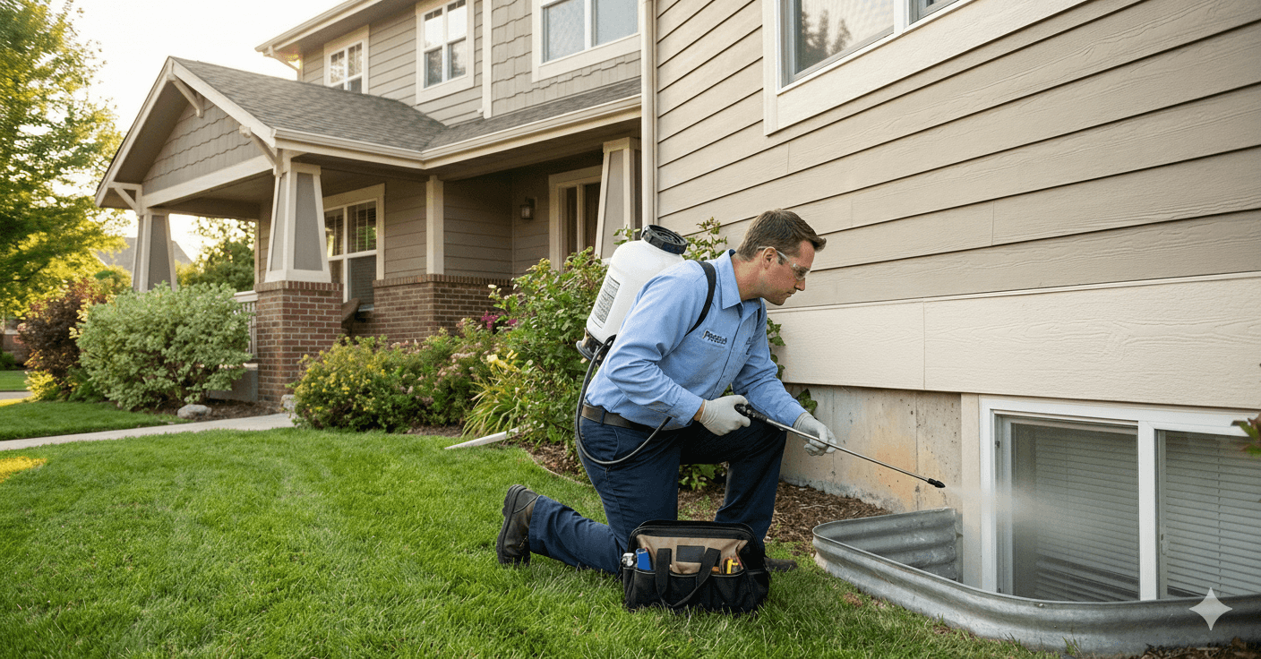 Pest control technician inspecting and treating a home exterior in Oldsmar, FL