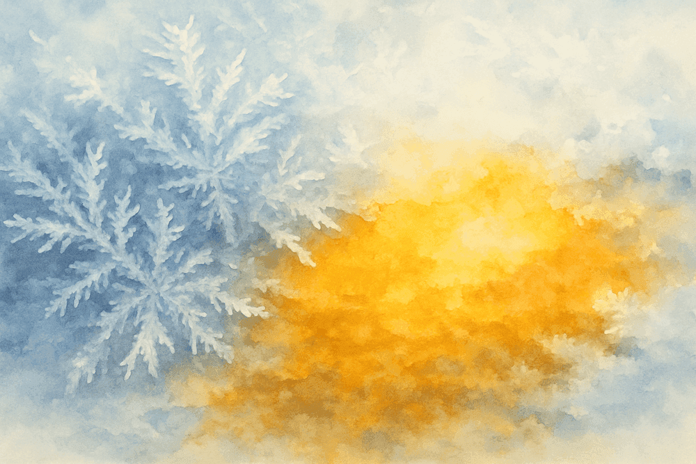 A soft watercolor blend of gold and blue, with delicate snowflake patterns emerging through the light.