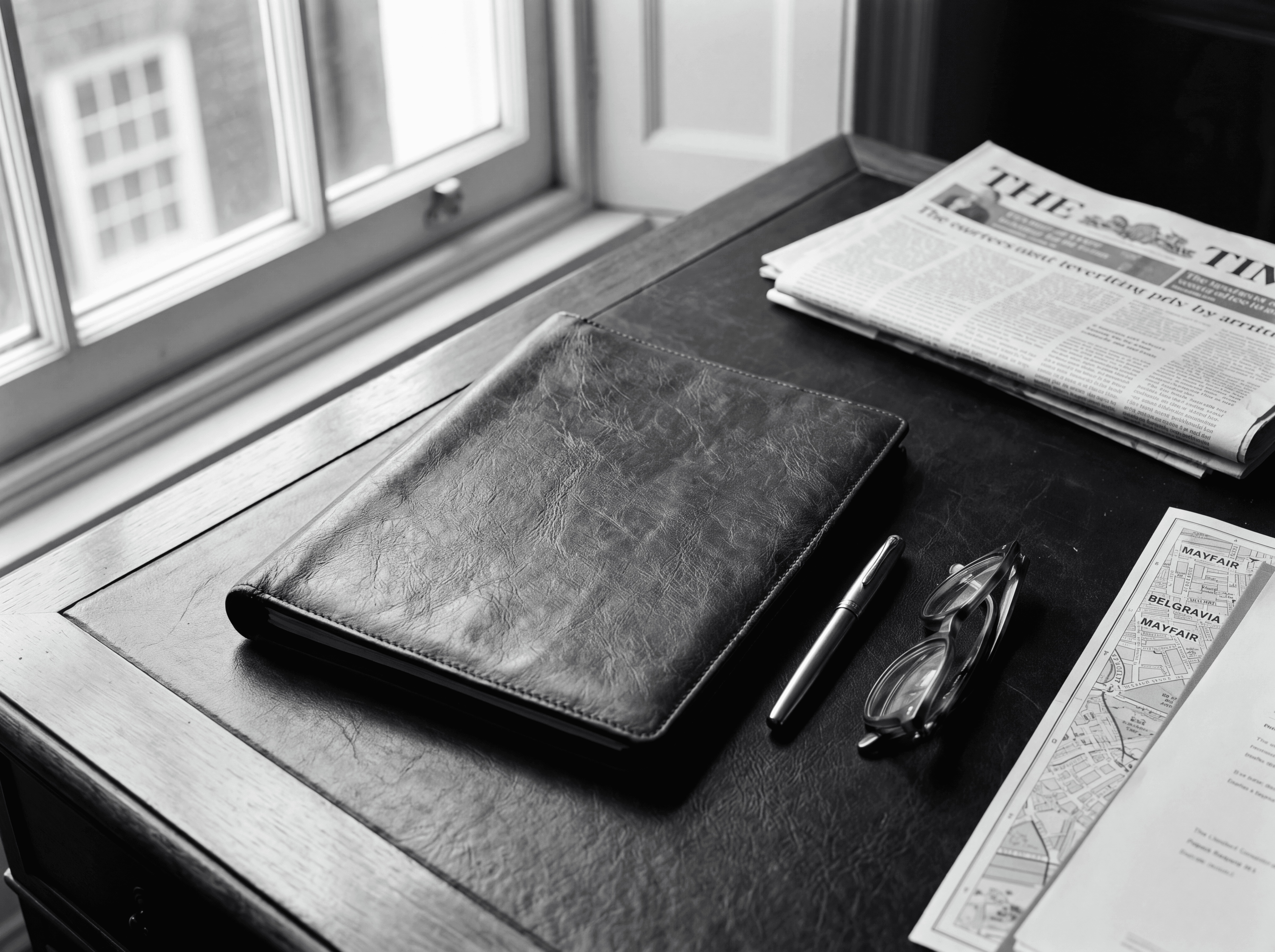  A private London study desk with leather-bound document folder, fountain pen, and partial Mayfair map, photographed in black and white, representing independent comprehensive valuation reports prepared from transactional comparable evidence.