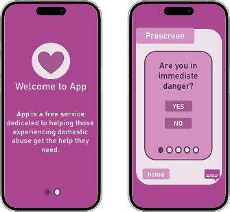 The first two interfaces of the mock-application, helping home, which include a welcome message as well as an initial prescreen assessing the users level of safety.