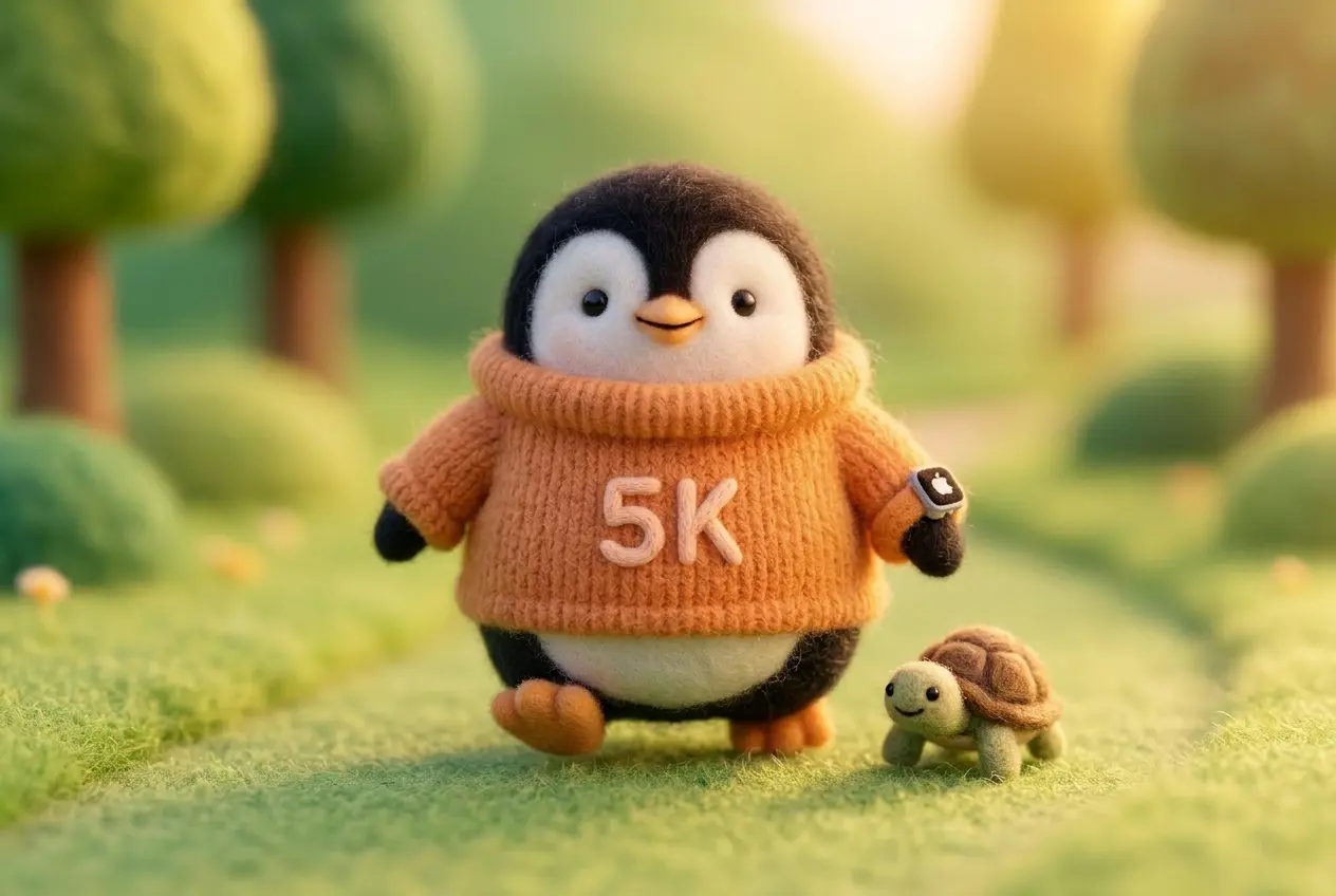 A wool felt penguin in an orange sweater jogging slowly on a park path alongside a tiny tortoise, representing that any running pace is the right pace