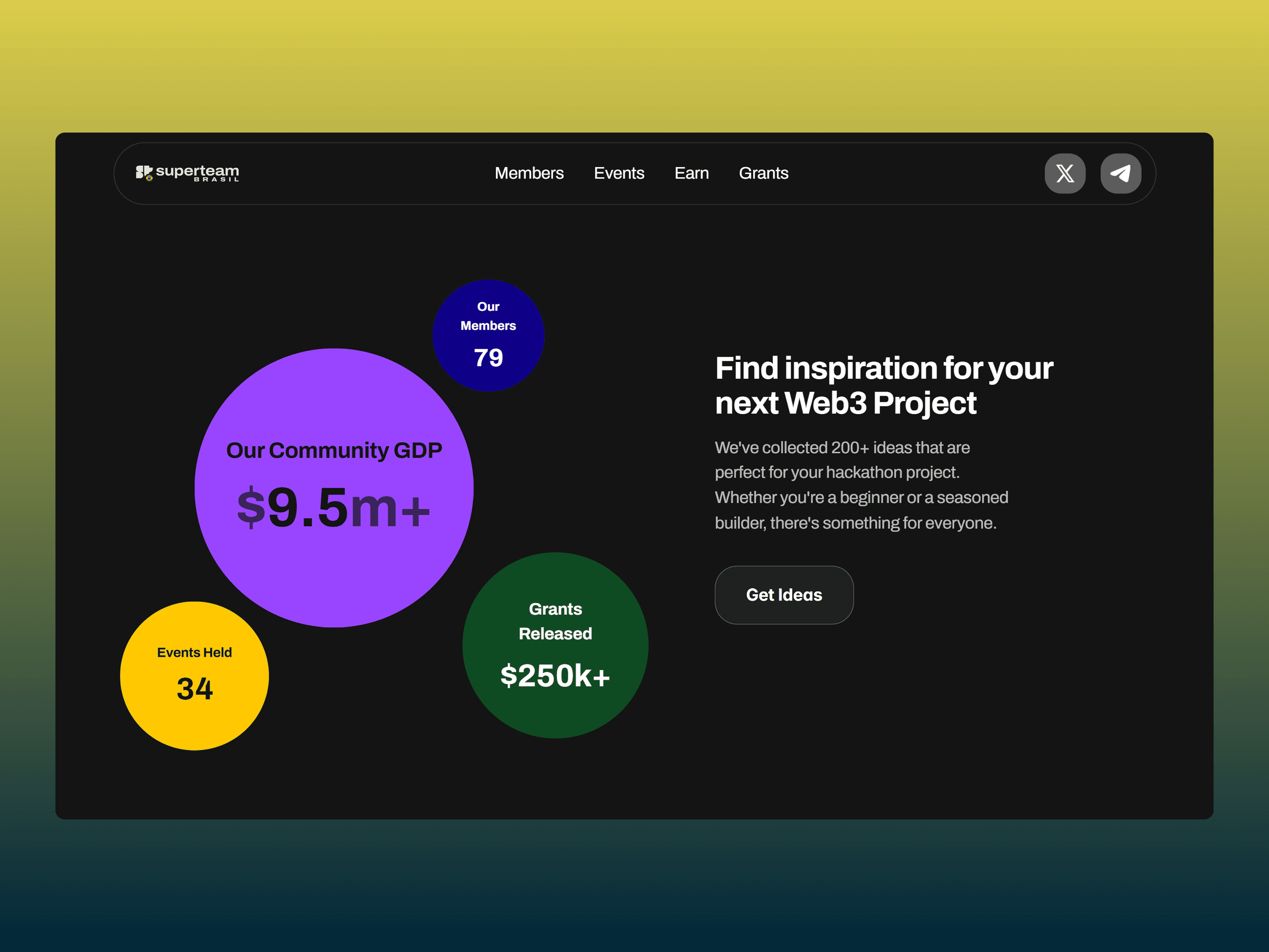 Community impact stats section with colorful data bubbles