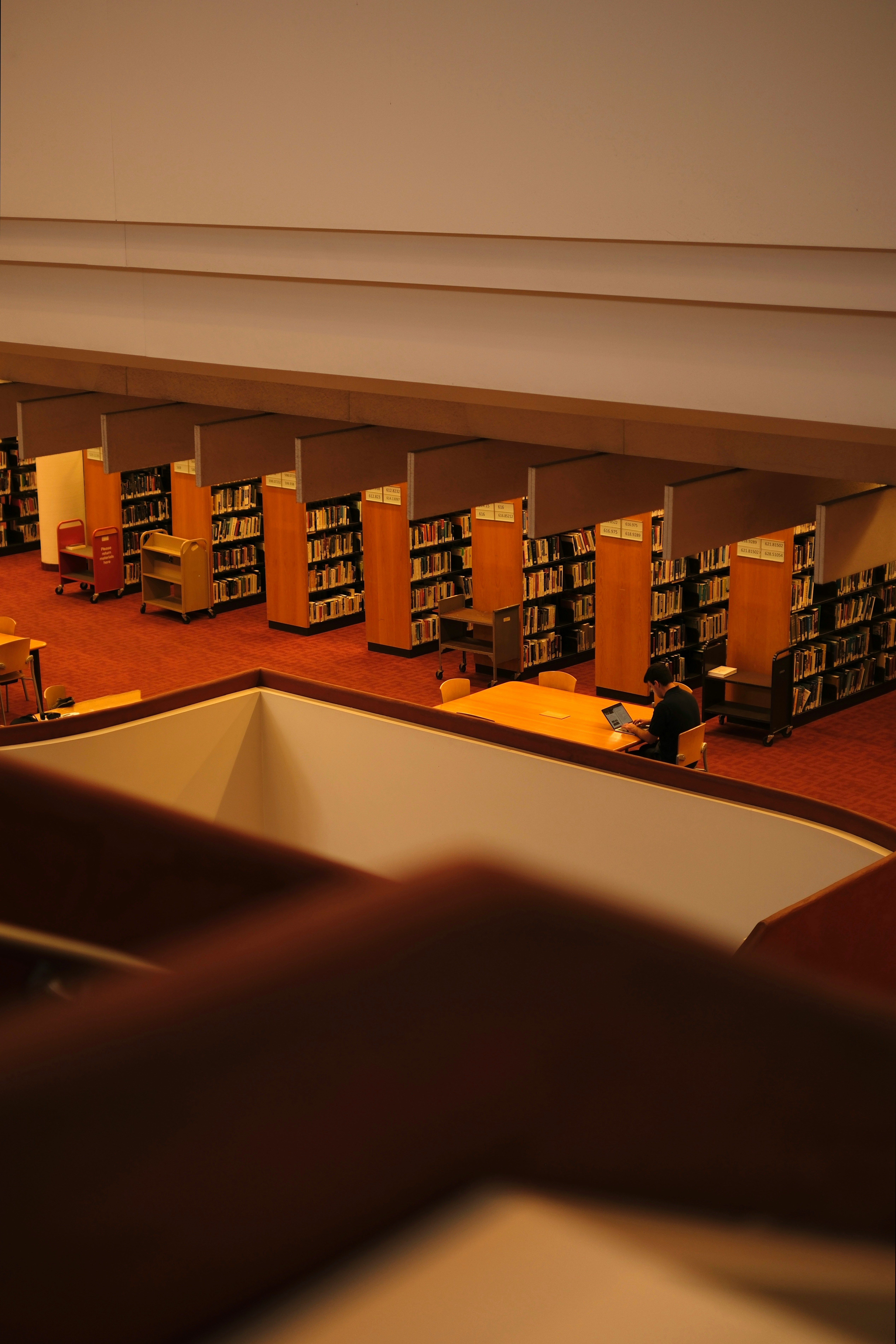 Rows of bookshelves in a library with a person working.