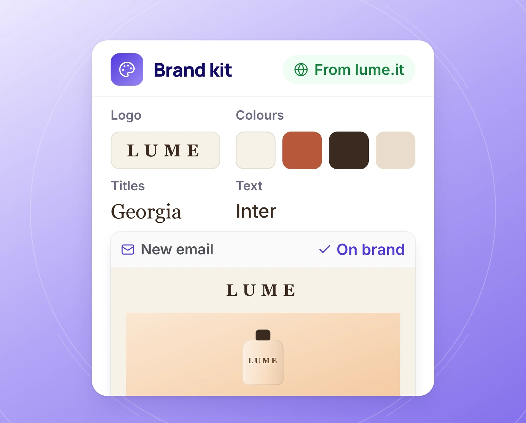 Brand kit pulled from lume.it: logo, colours and fonts, applied to a new Lume email