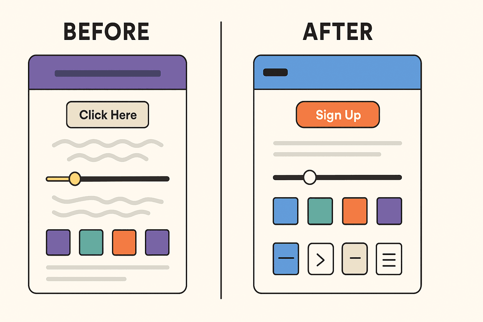 “Flat split-screen illustration comparing a cluttered, confusing UI ‘Before’ and a clean, accessible, well-structured UI ‘After’ to demonstrate UX improvements from a usability audit.”