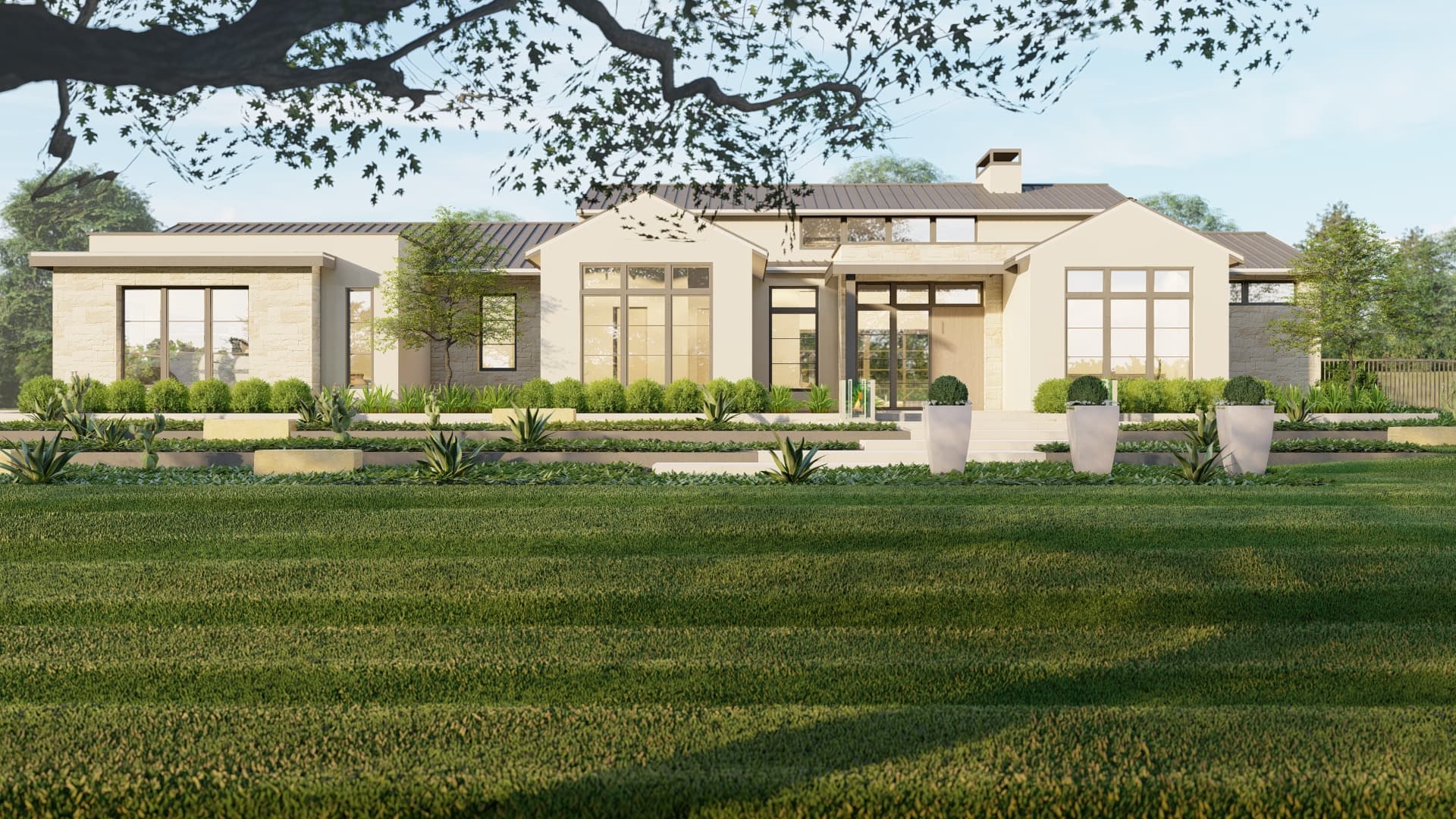 Modern Front Yard landscape design for Farmhouse in Aledo Tx