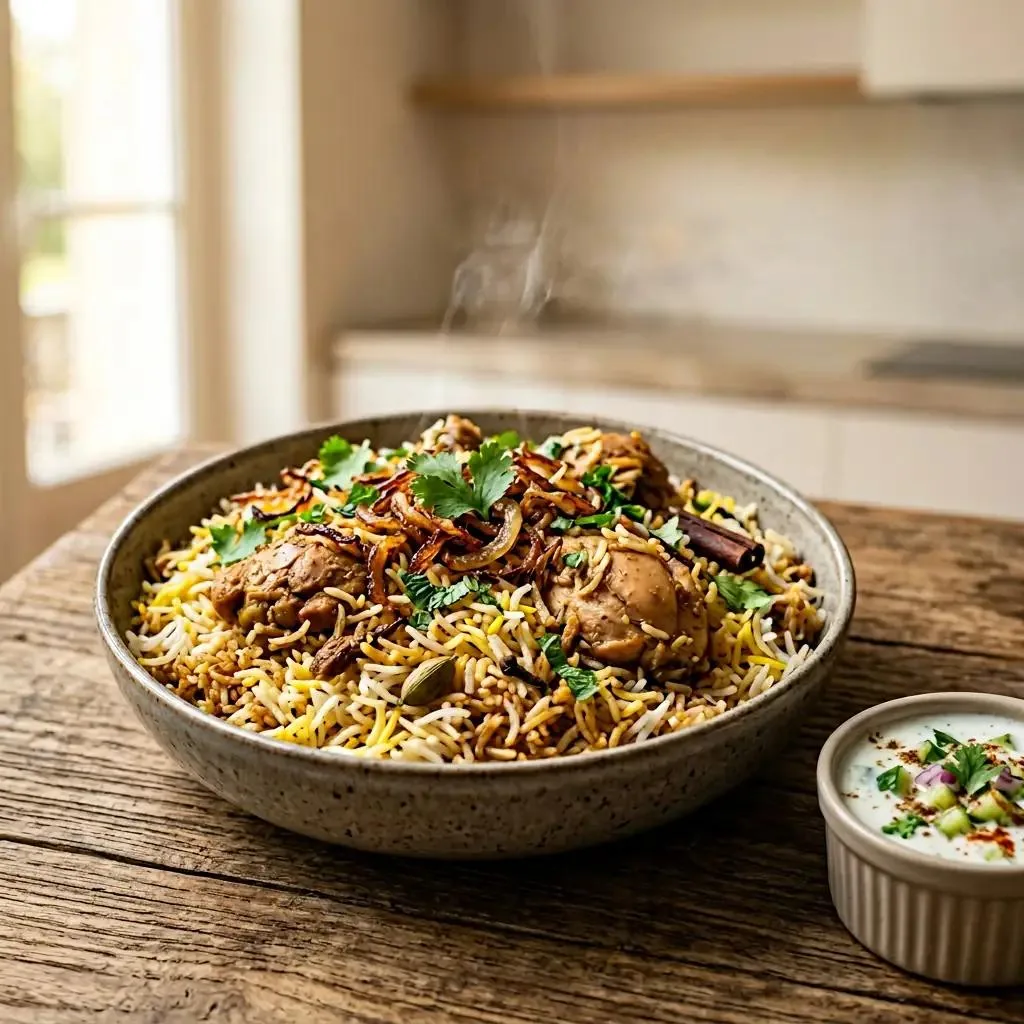 Bowl of chicken biryani served with raita