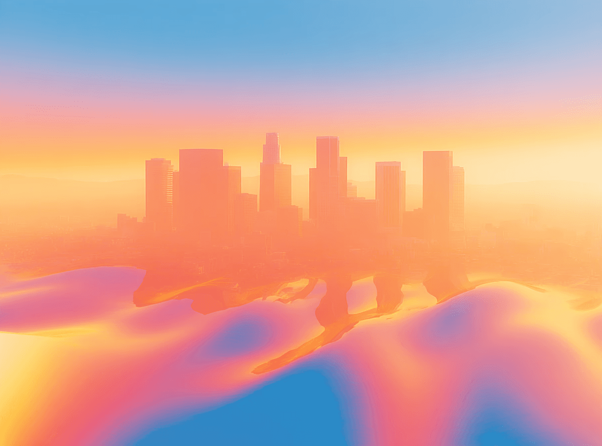 Surreal city skyline with abstract colorful foreground