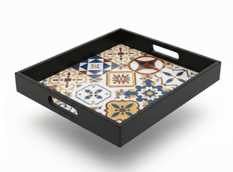Square decorative serving tray with multicolor tile pattern base and black wooden frame handles