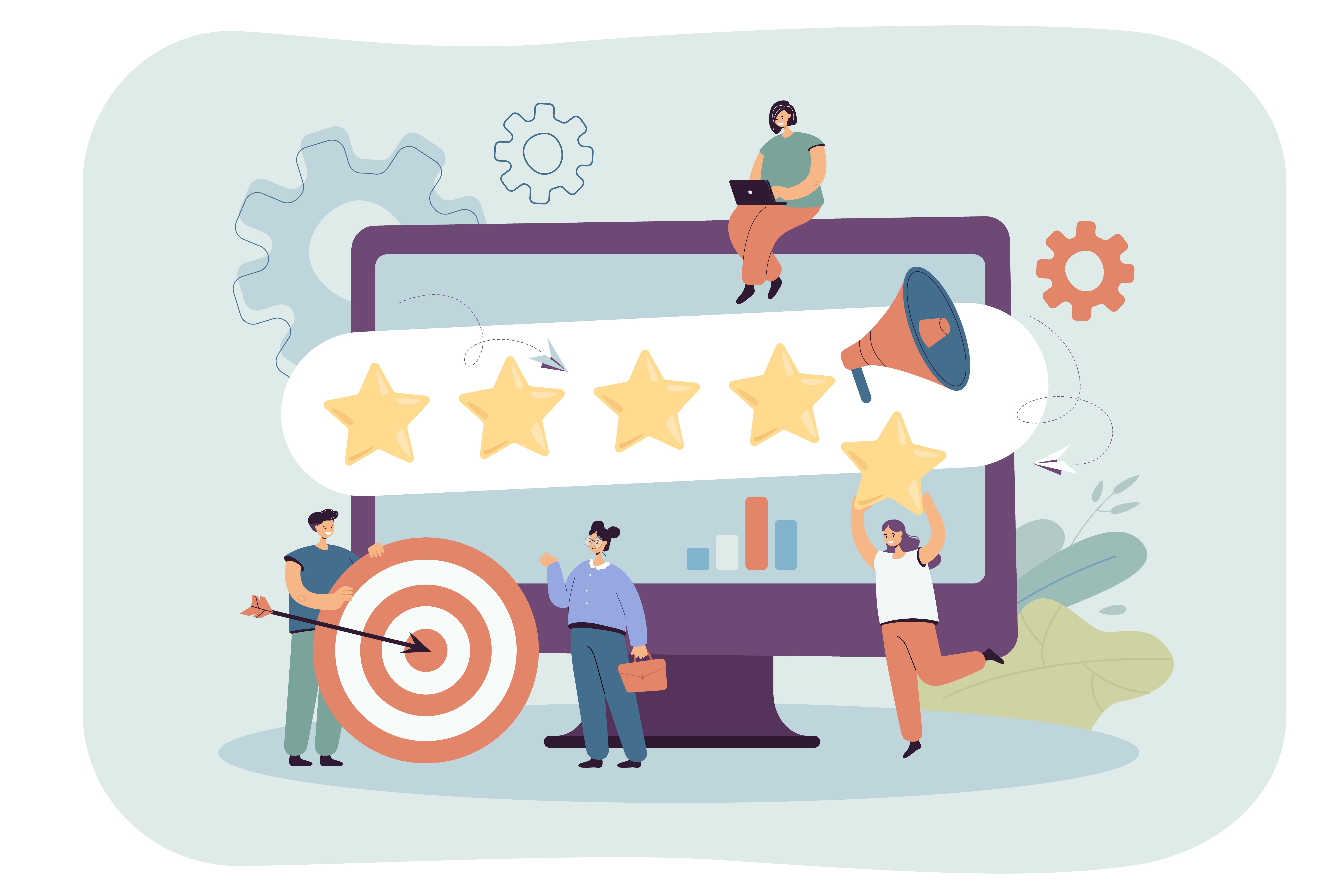 Flat illustration of marketers building brand reputation with five-star ratings and a target