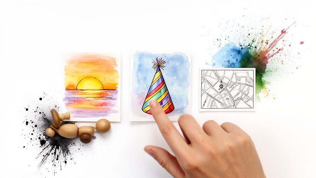 A hand points to a watercolor painting of a colorful birthday hat, surrounded by other art.