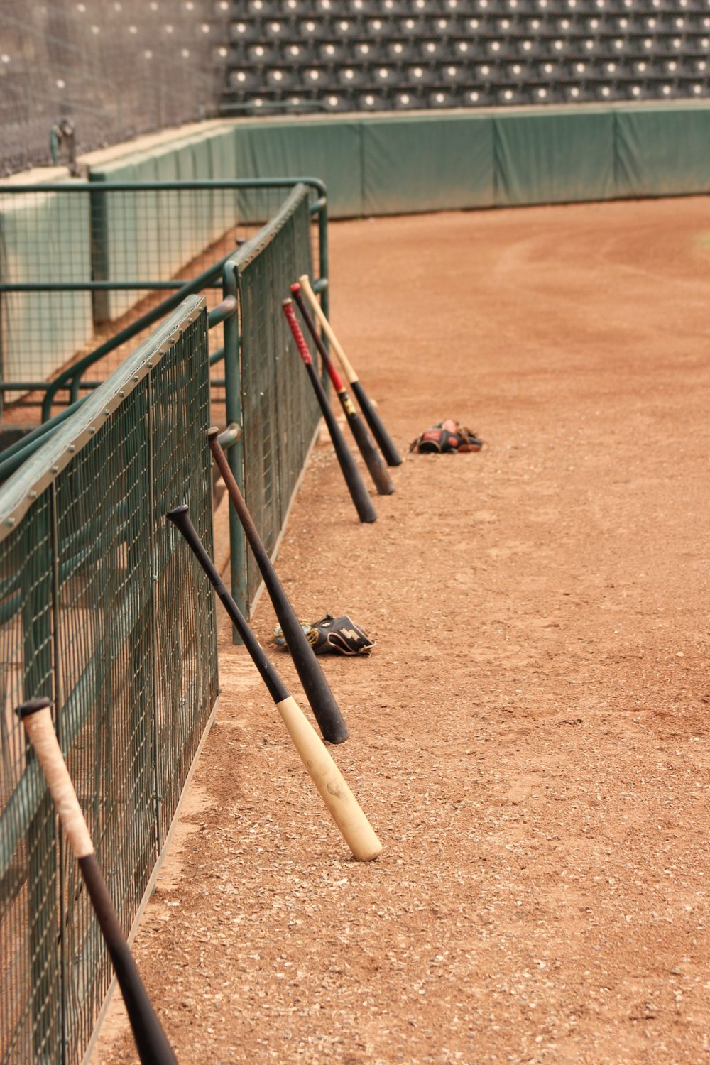 Bats lined up along a dugout
