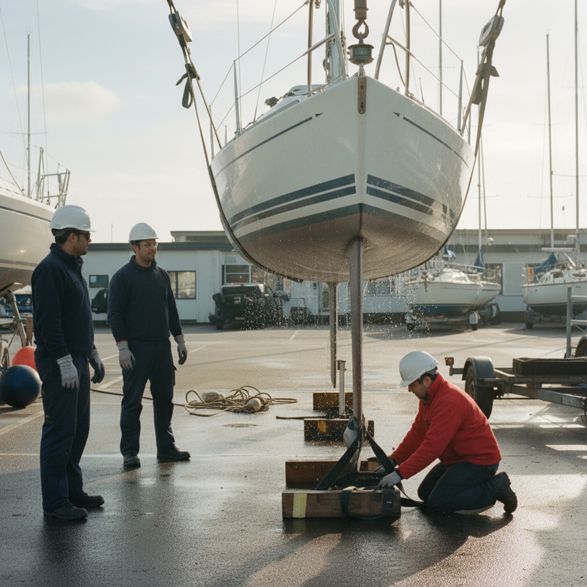 Ein schlanker Kiel gleitet aus dem Wasser, der Kran hält das Boot ruhig über dem Vorplatz. Zwei Vereinsmitglieder stehen mit Handschuhen bereit, ein dritter richtet Gurte und Kielbock aus. Sonnenreflexe tanzen auf Tropfen am Rumpf. Ruhige, konzentrierte Bewegung, klare Absprachen, sauberes Umfeld.