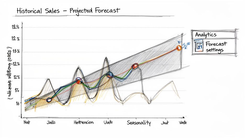 Hand-drawn sketch of a sales forecast chart showing historical data, projected trends, and forecast settings.