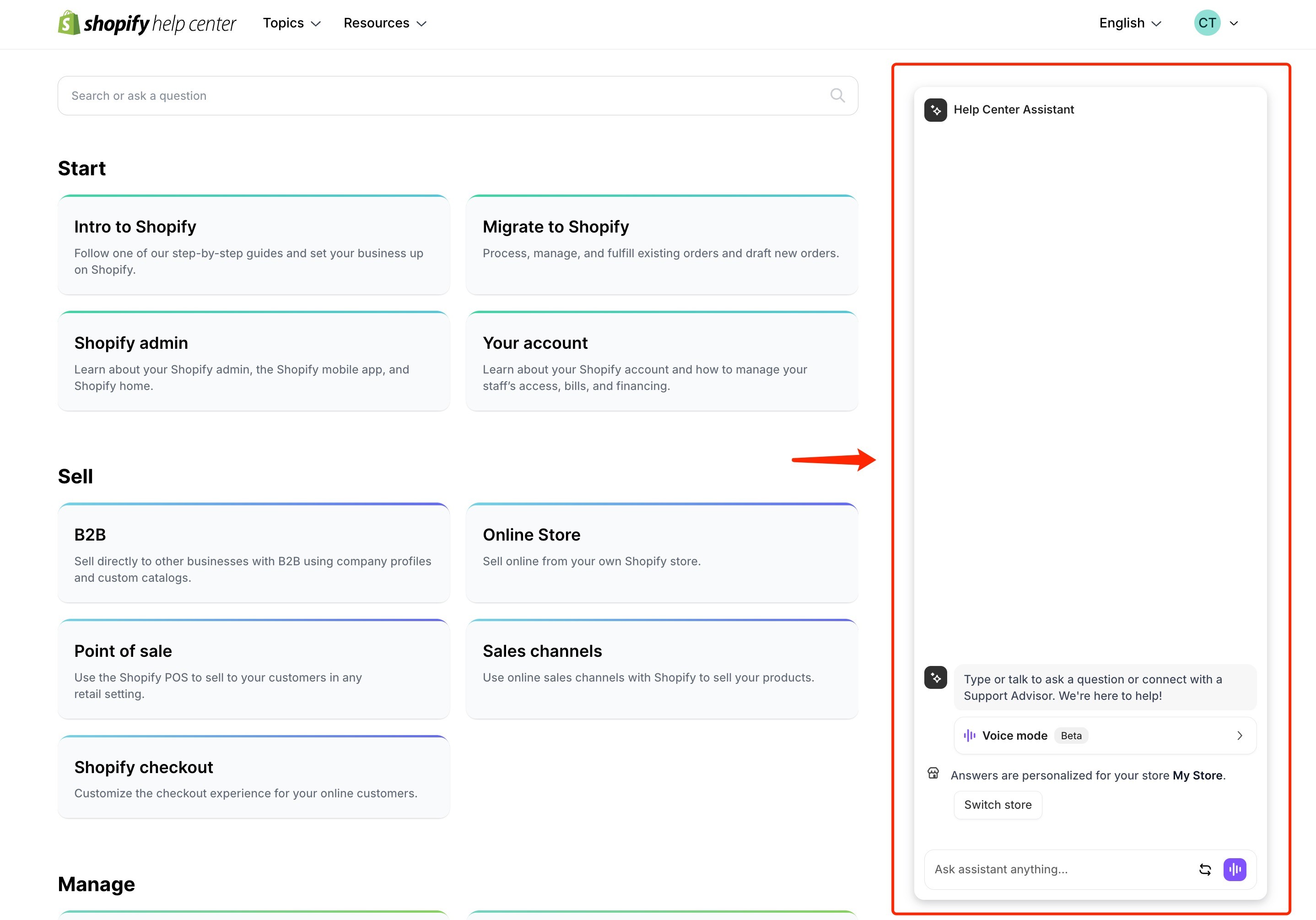 Shopify Help Center page with a red arrow pointing to the Help Center Assistant live chat window in the right side of the whole page.