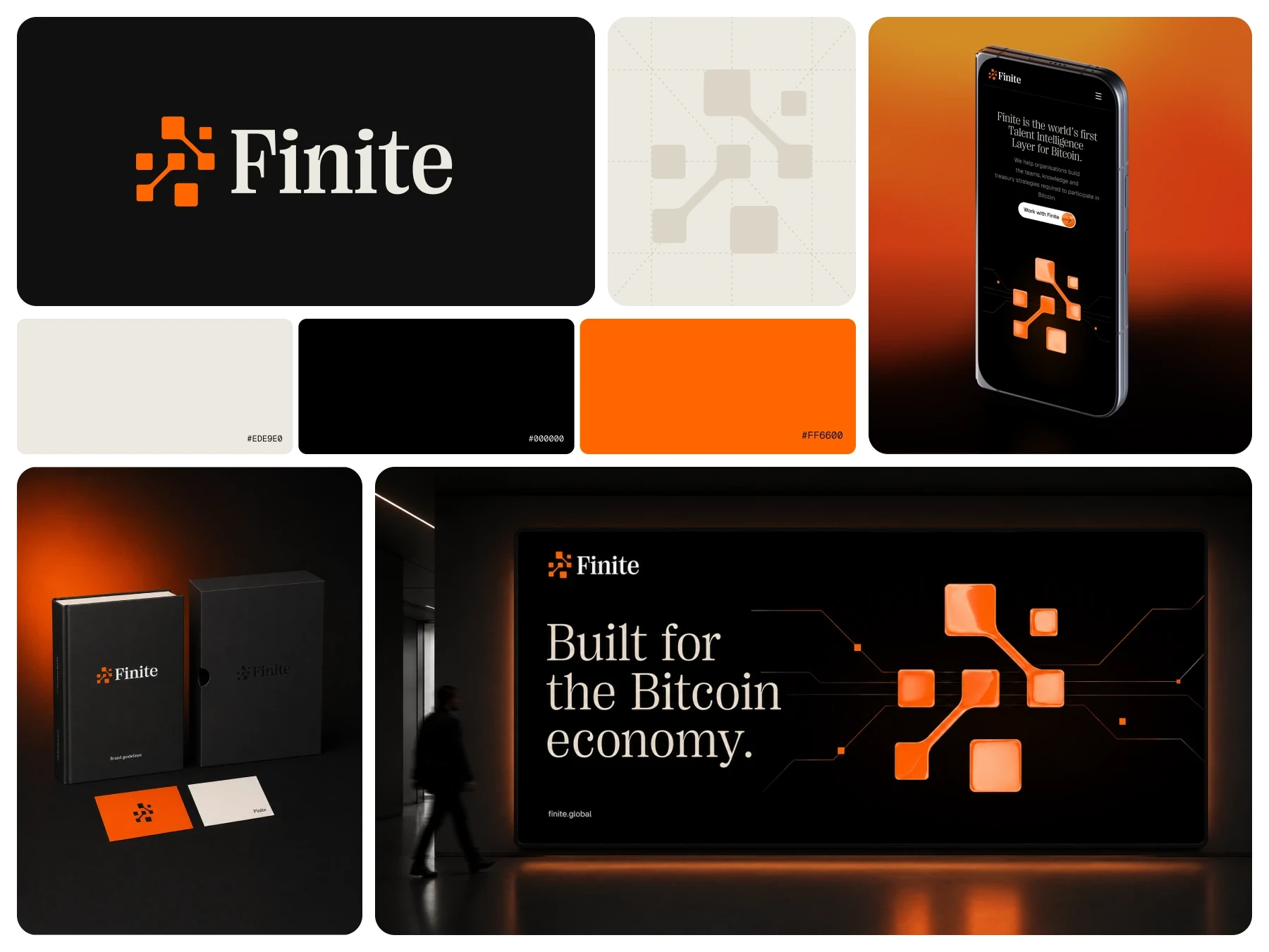 Finite identity system across the website and brand application mockups