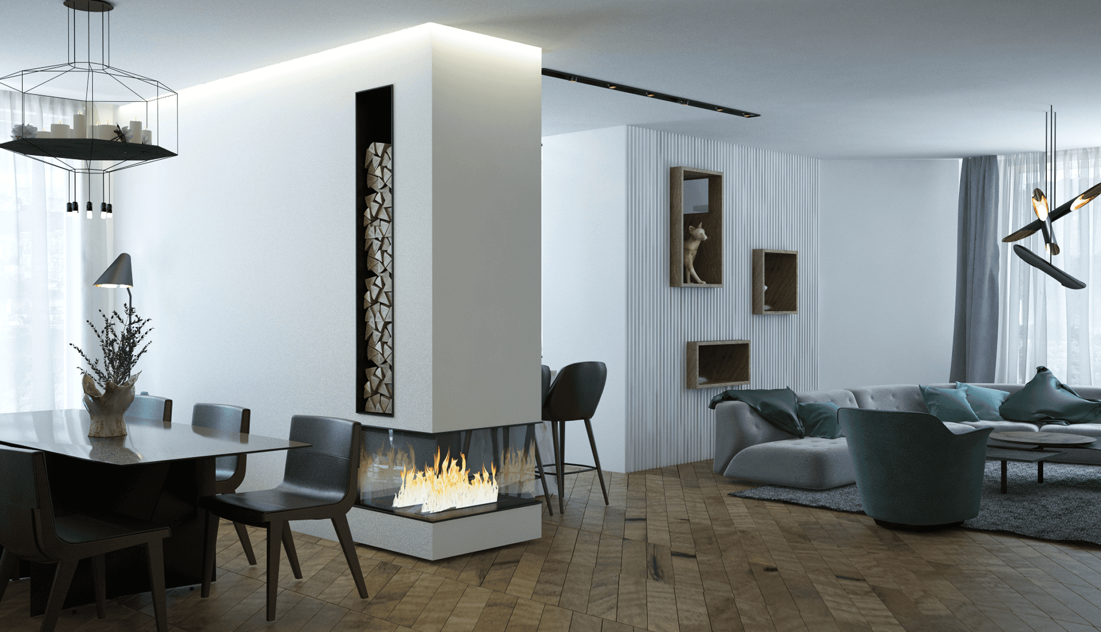 Contemporary living room featuring a custom double-sided fireplace and bespoke shelving.