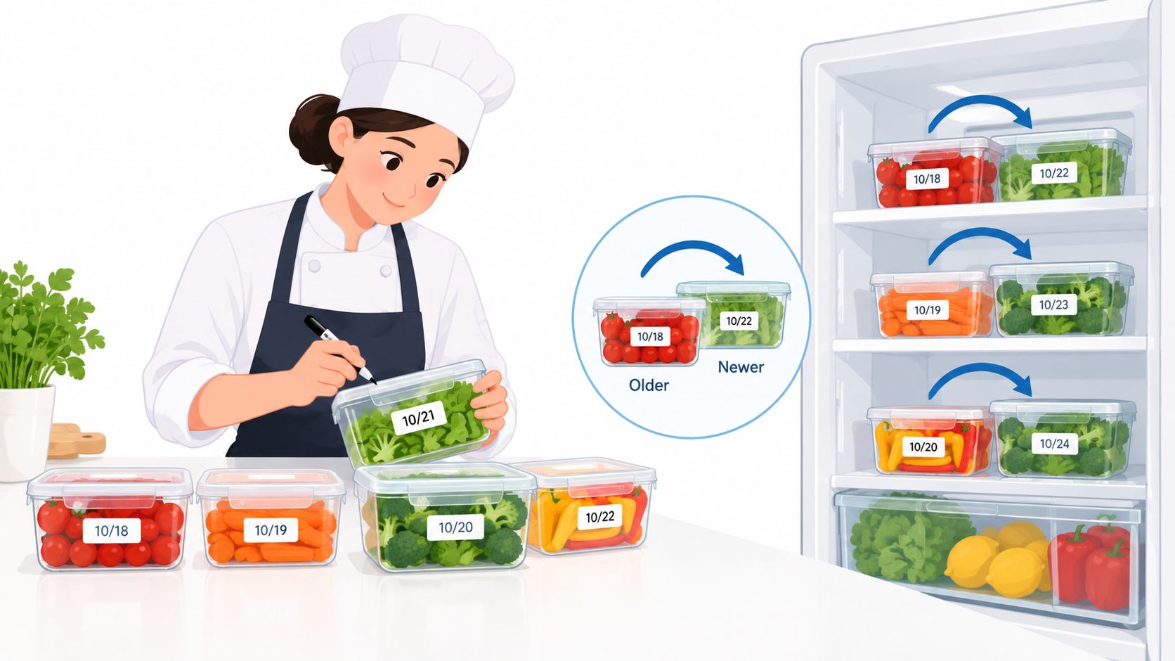 Una chef organiza contenedores de alimentos etiquetados con fechas en una cocina para evitar el desperdicio.