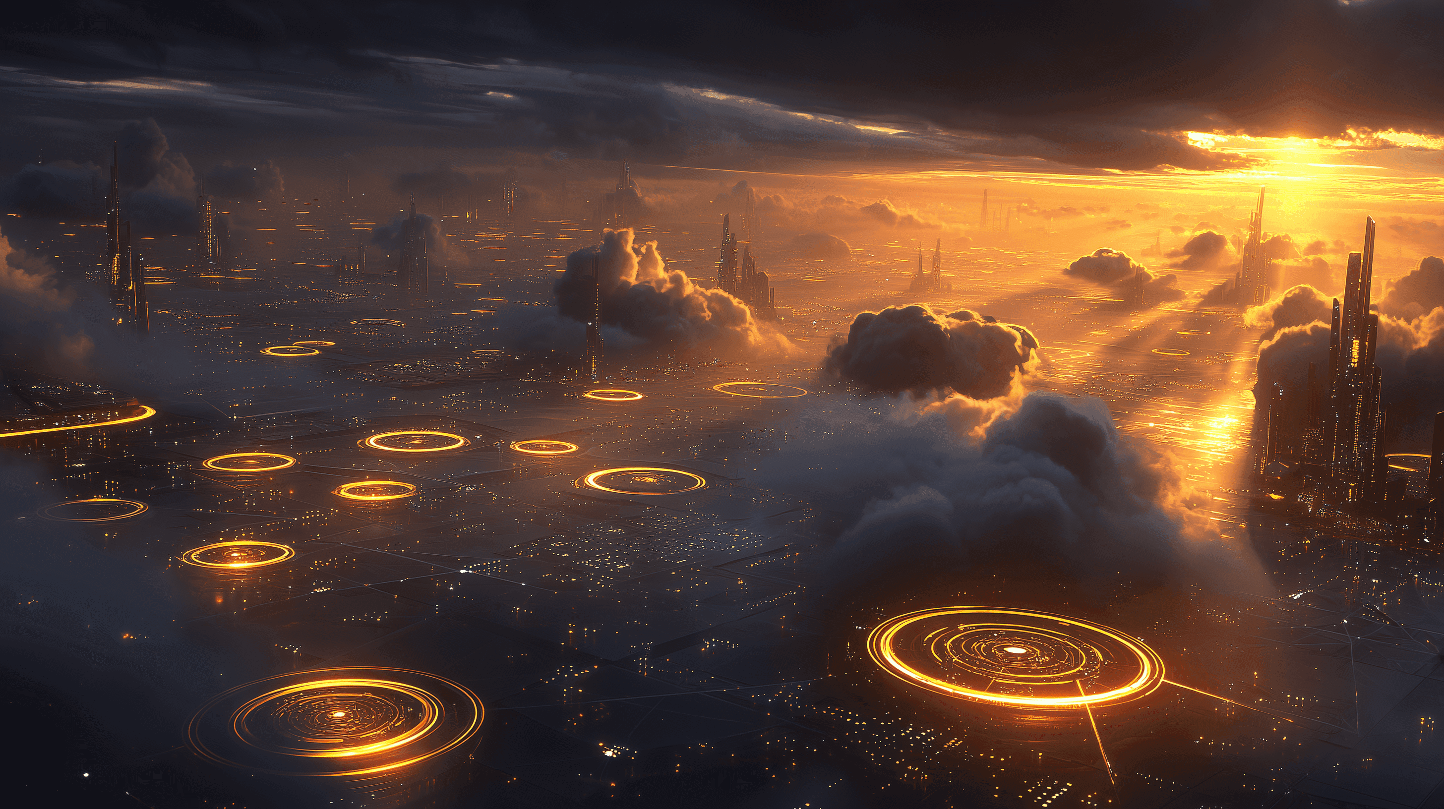 A stunning fantasy landscape features towering cliffs with ancient structures, illuminated by a warm sunset glow.