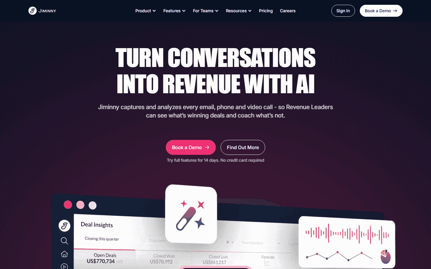 The Jiminny homepage, headlined "Turn conversations into revenue with AI," above a Deal Insights dashboard.