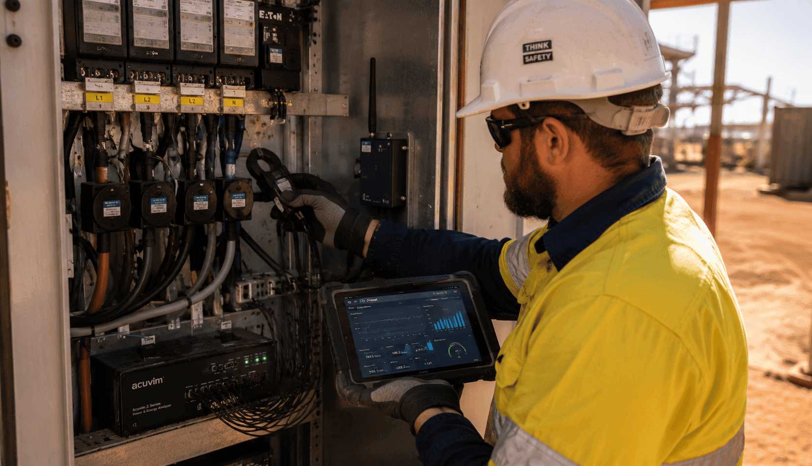 Worker in hard hat and hi-vis vest monitors renewable energy system performance on tablet in remote industrial Australia