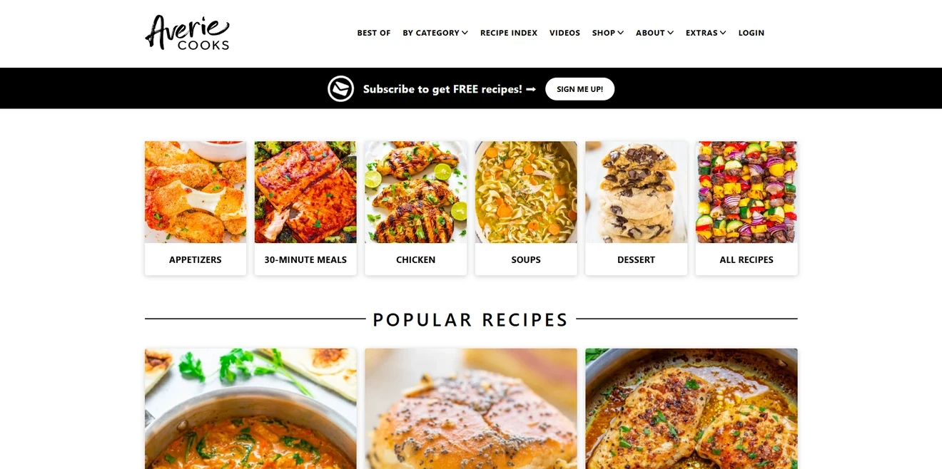 Averie Cooks floating signup bar inviting readers to subscribe for free recipes