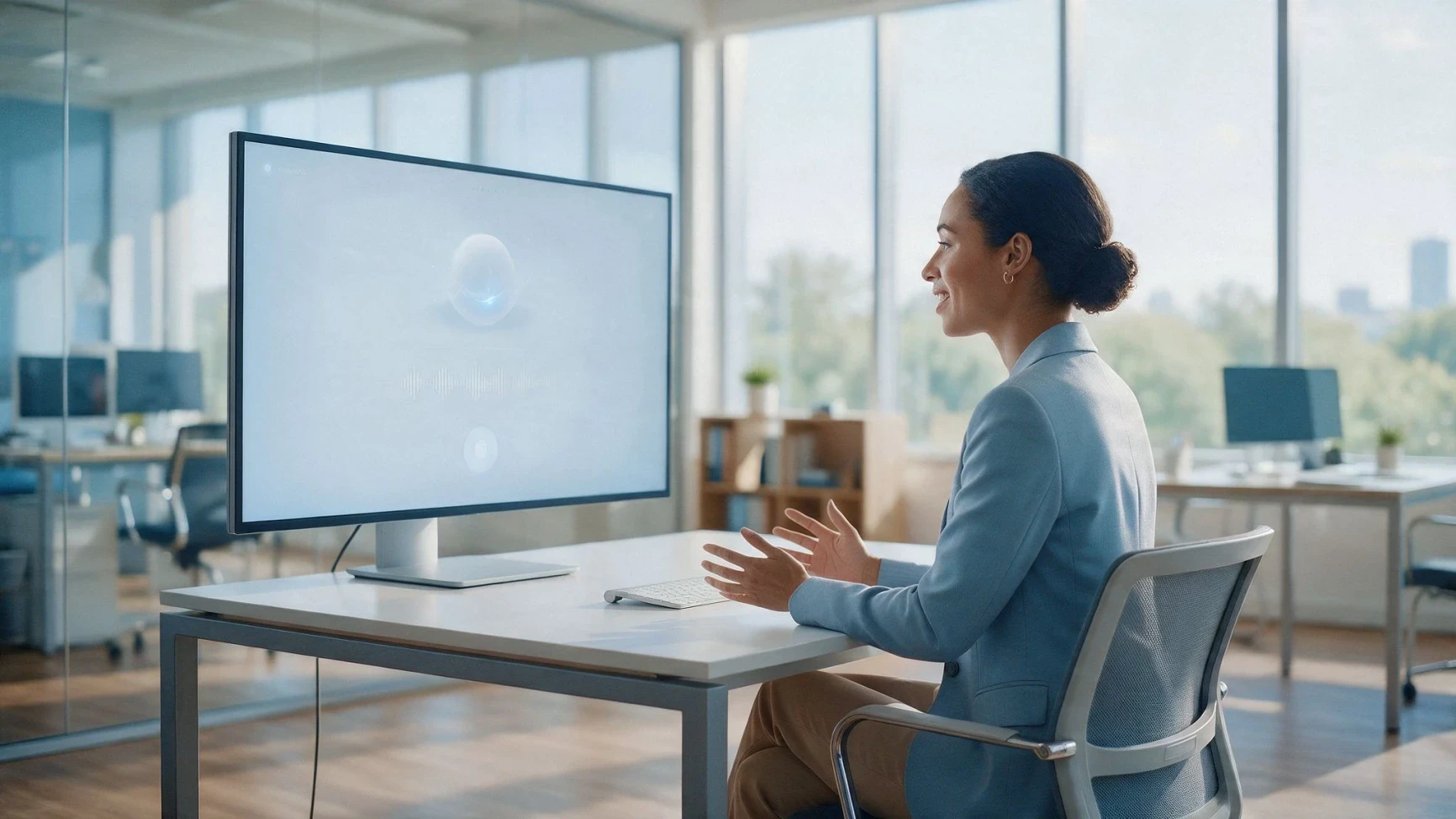 Enterprise employee conducting an AI-powered video interview with adaptive evaluation on screen