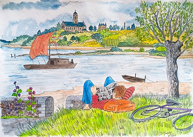 Aquarelle d'une gabarre sur les bords de Loire