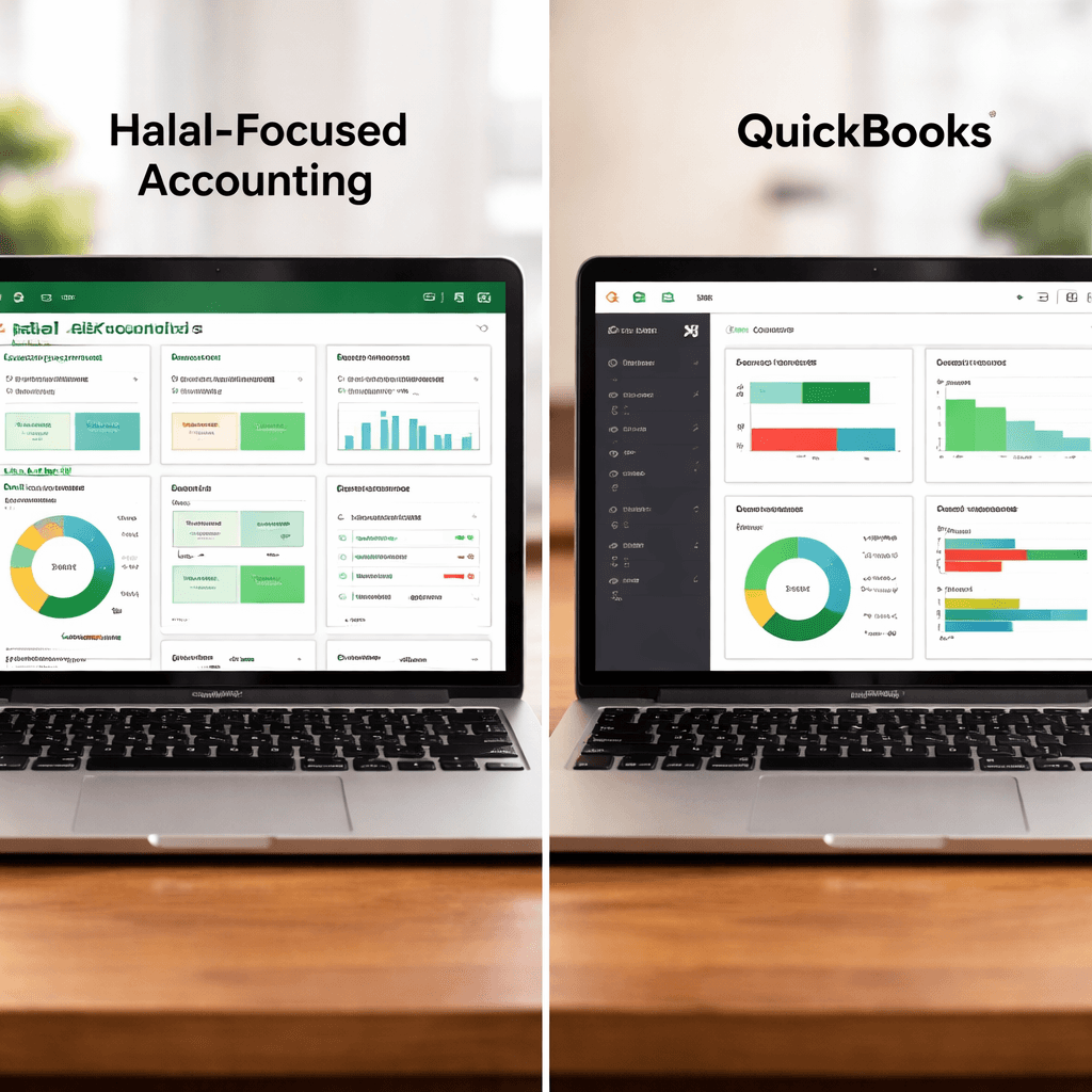 A photorealistic image of a side‑by‑side laptop screen showing a halal‑focused accounting dashboard next to a QuickBooks dashboard, highlighting feature differences. Alt: Comparison of halal accounting software and QuickBooks features.
