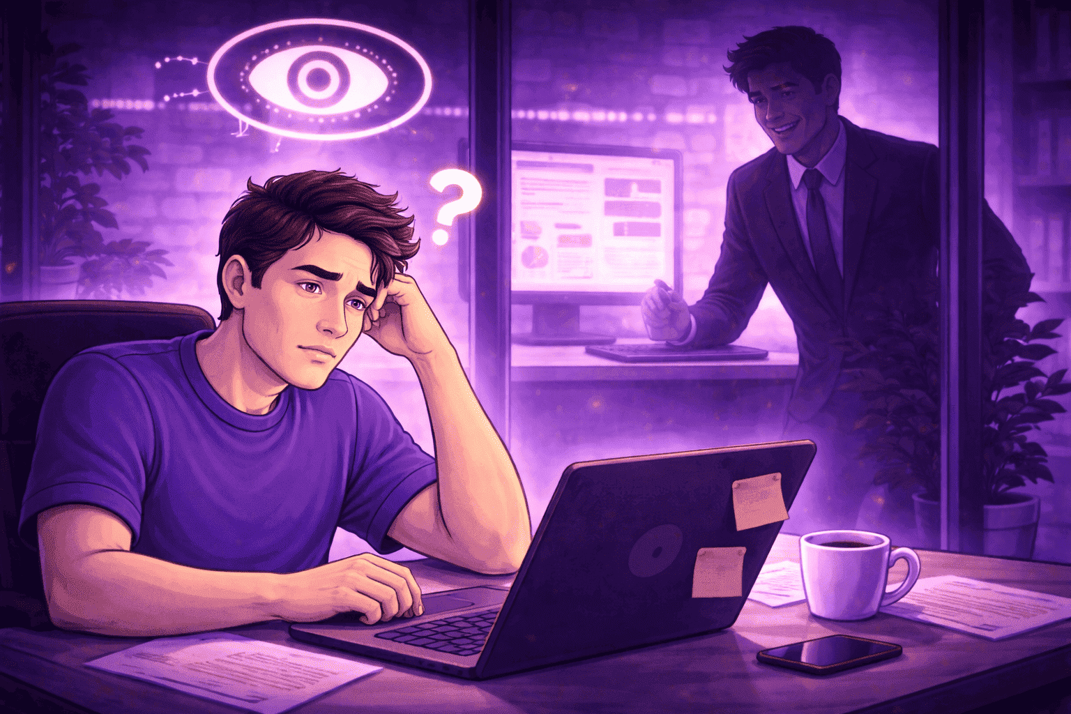 Remote employee looking confused at his laptop while a manager watches from the shadows behind glass, symbolizing hidden monitoring and lack of transparency.