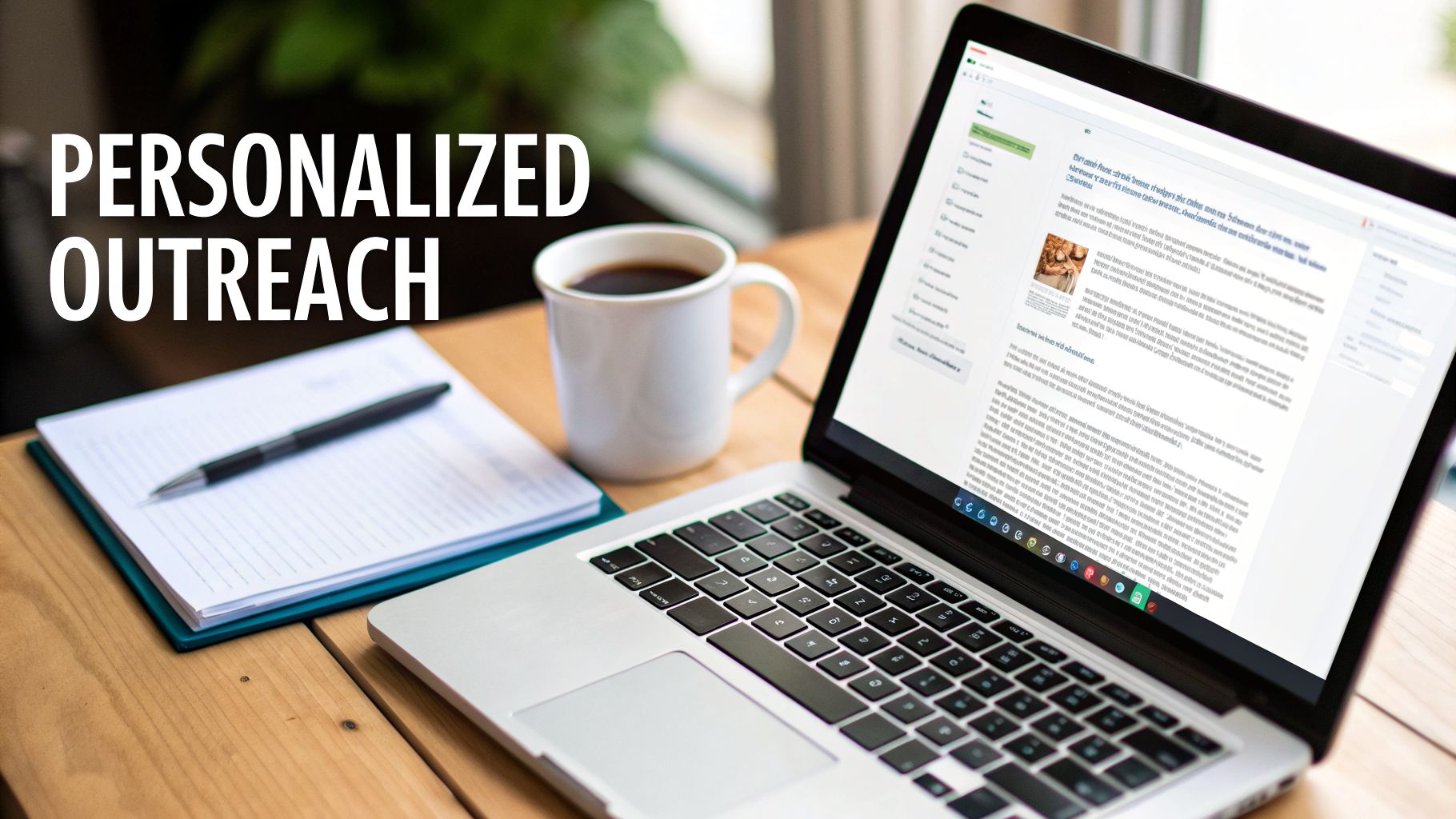 A laptop, coffee mug, and notepad on a wooden desk with 'PERSONALIZED OUTREACH' text.