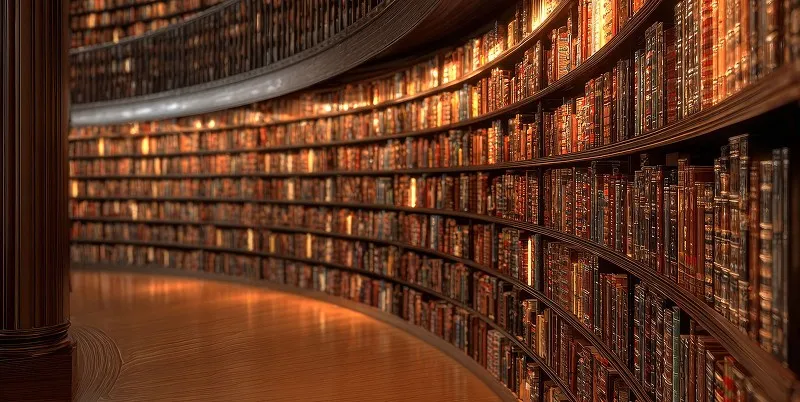 Curved library with countless books on shelves, glowing with warm light.