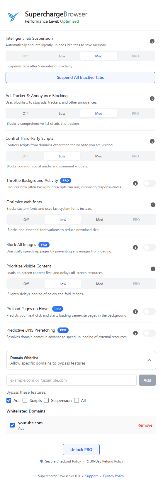SuperchargeBrowser UI  showing all settings