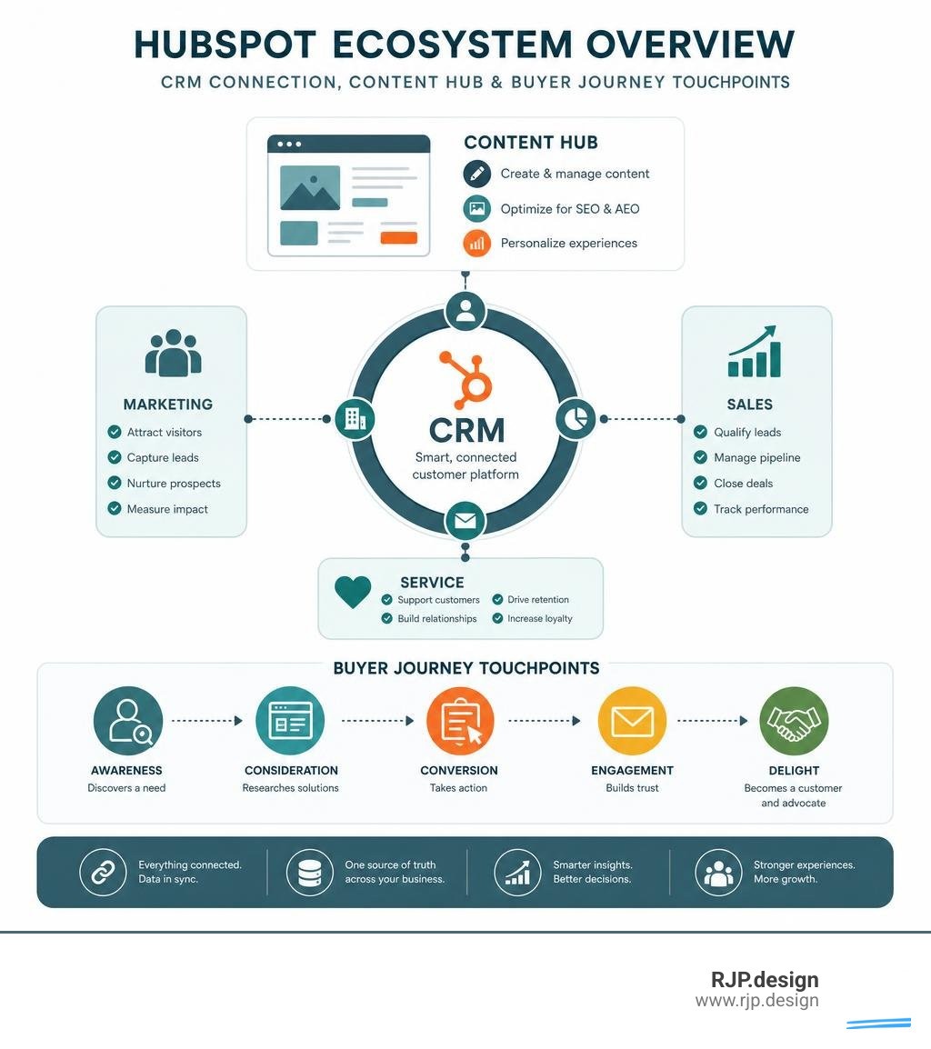 HubSpot ecosystem overview showing CRM connection, Content Hub, and buyer journey touchpoints infographic