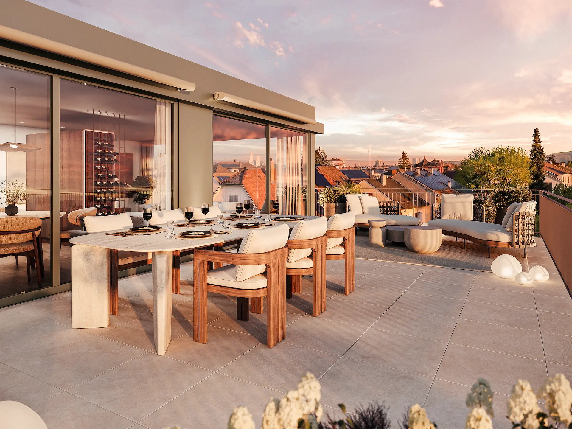 Terrassenvisualisierung der Attikawohnung im Projekt WEGA in Allschwil.