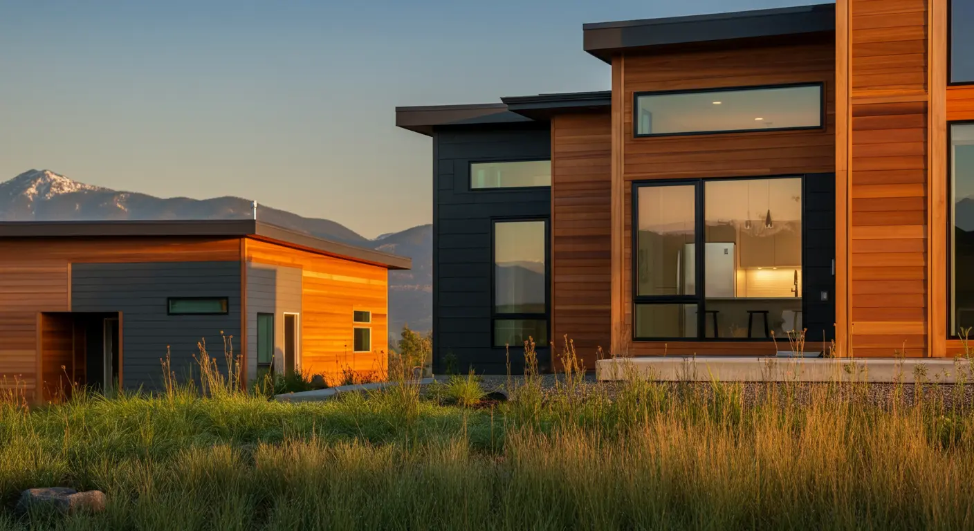 Concept design of a modern home exterior with wood and dark paneling, large windows, and a scenic mountain view in Alberta.