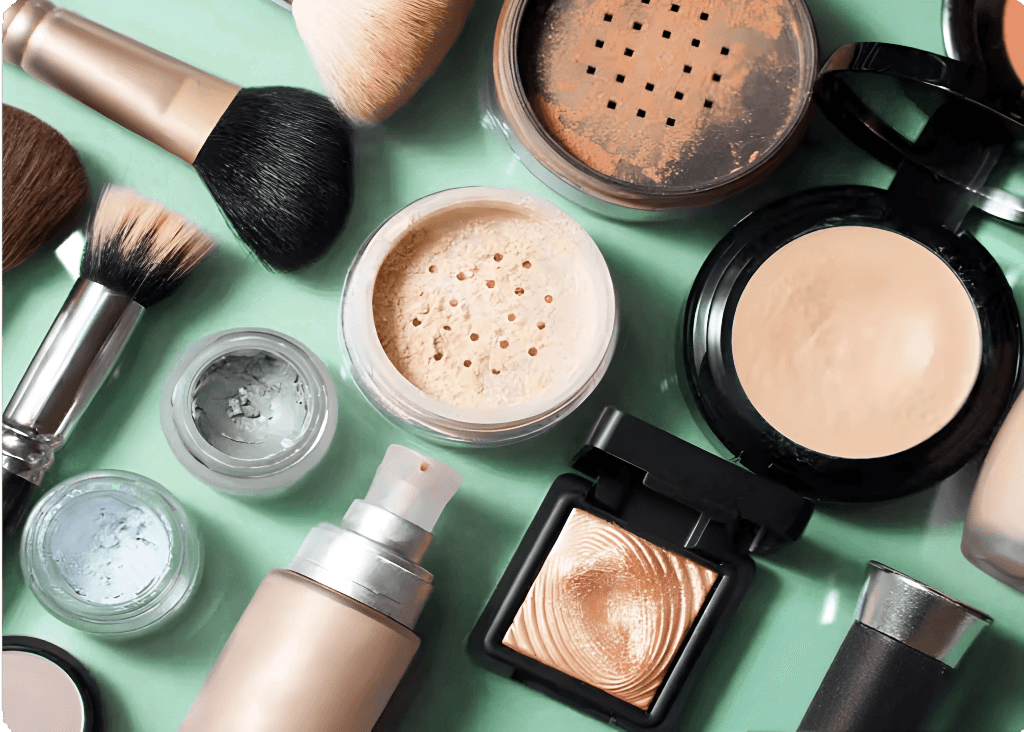 Makeup products, including face powders, brushes, and foundations.