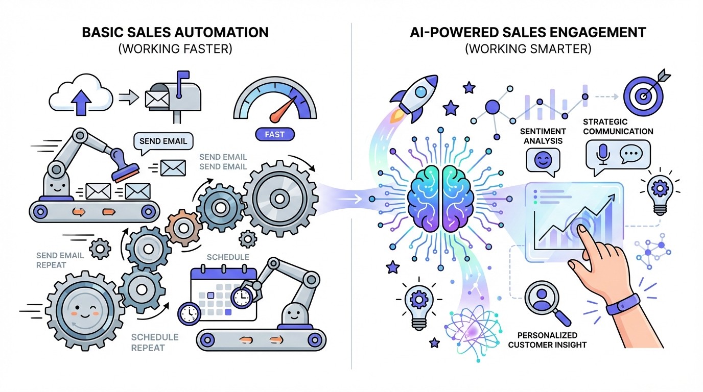An illustration contrasting basic sales automation (gears, robotic arms, conveyor belts on the left) with AI-powered sales engagement (glowing neural network, data streams, holographic interface, human interaction on the right).