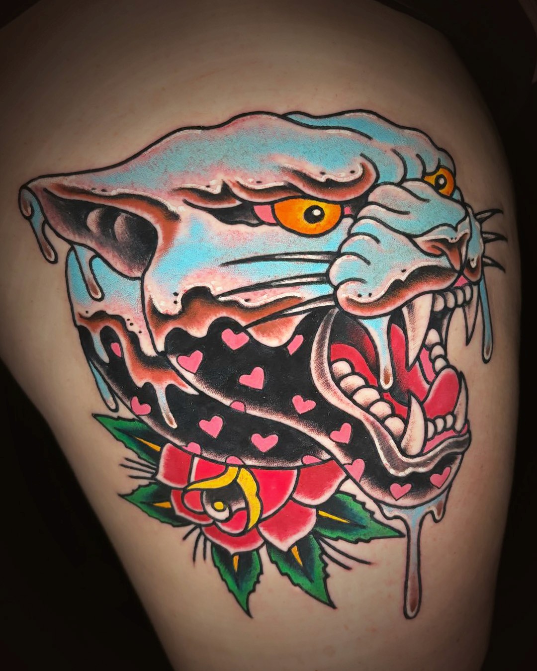 full color chrome panther head tattoo by Cleen Rock One