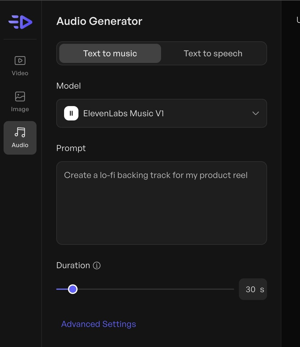 AI music asset generation interface