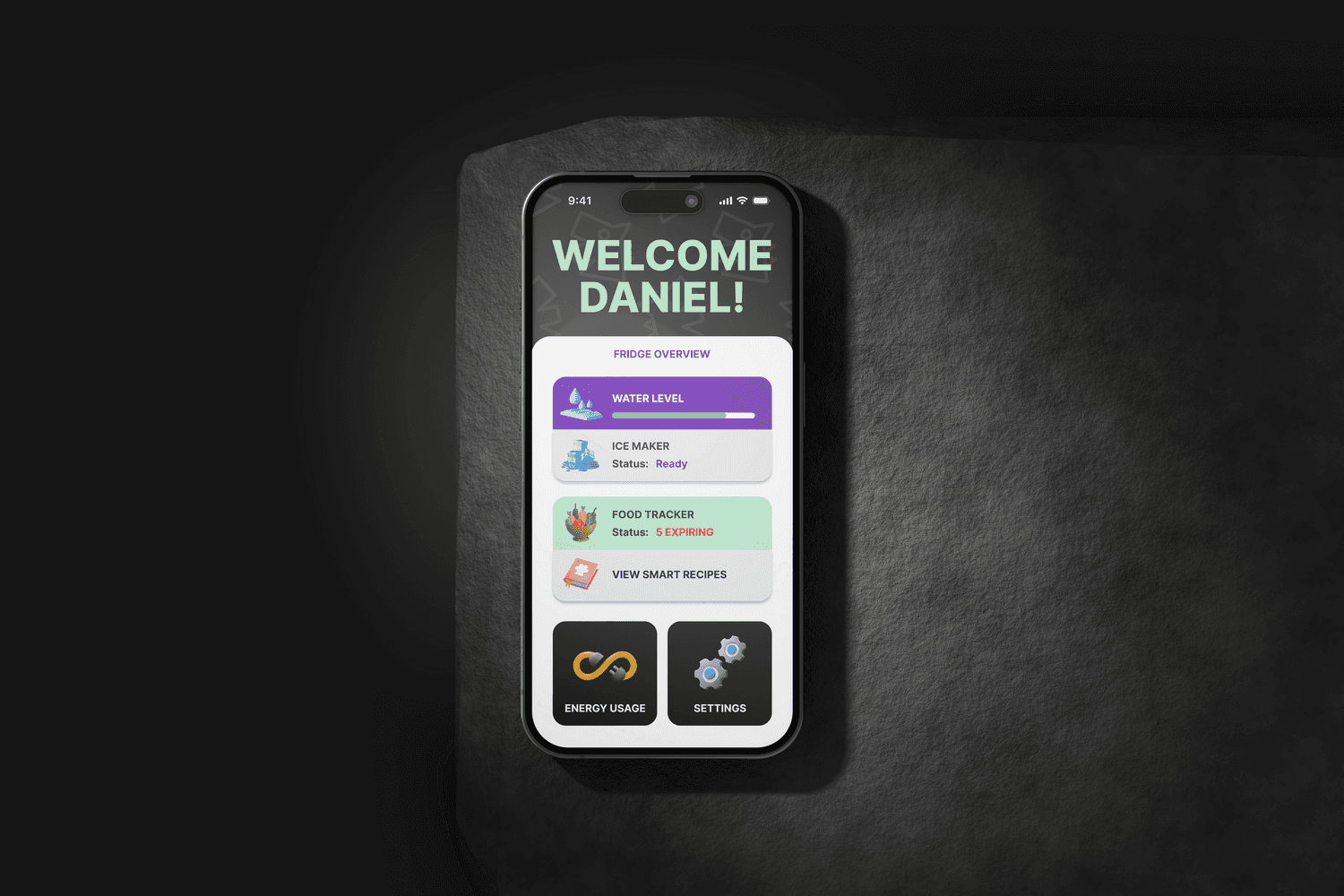 Phone lying on a surface showing home dashboard screen