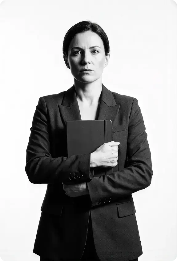 Portrait éditorial d'une responsable RH, tailleur sombre, dossier serré contre elle, noir et blanc.