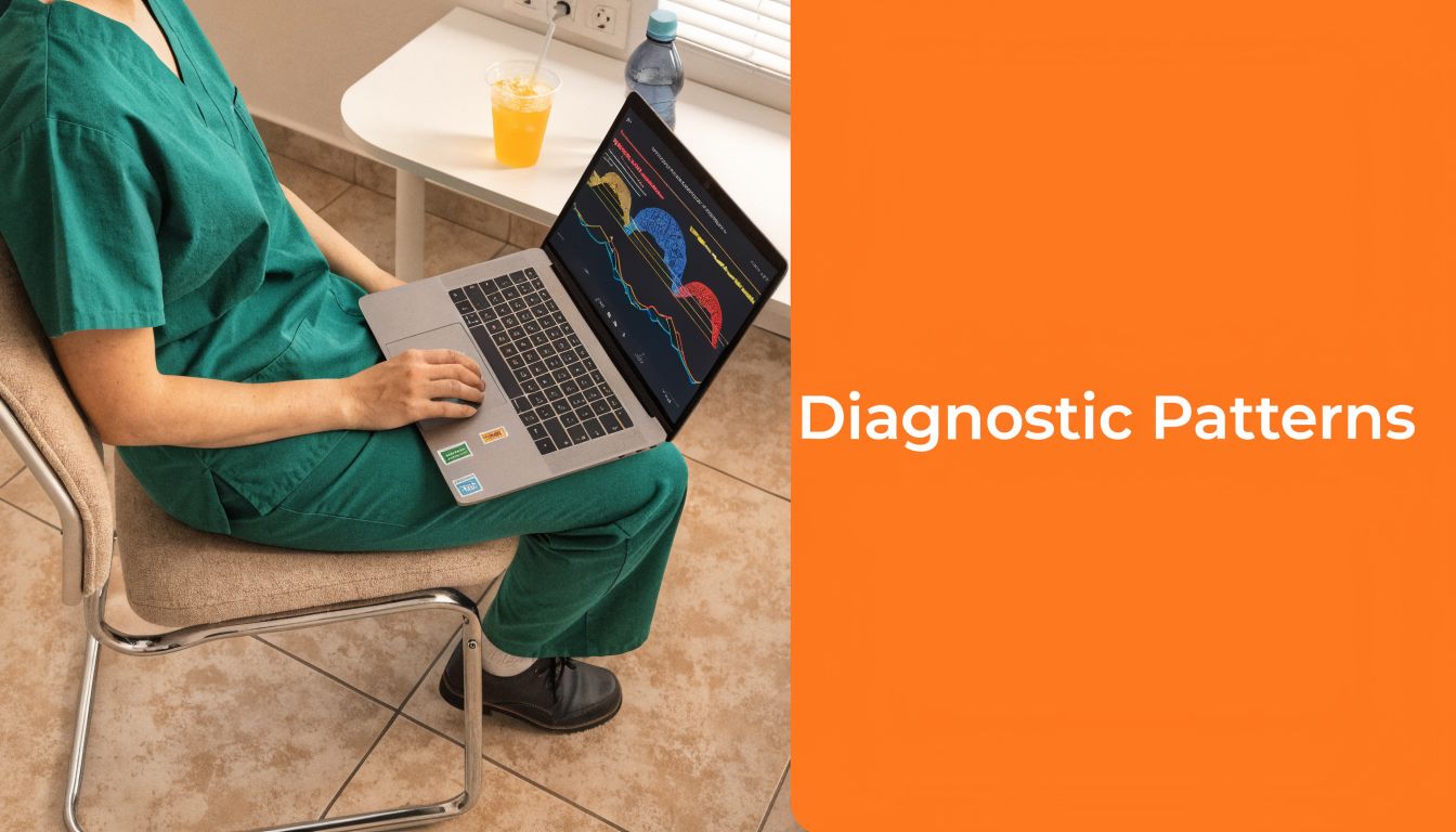 A medical professional sitting on a chair using a laptop to review complex diagnostic pattern charts.